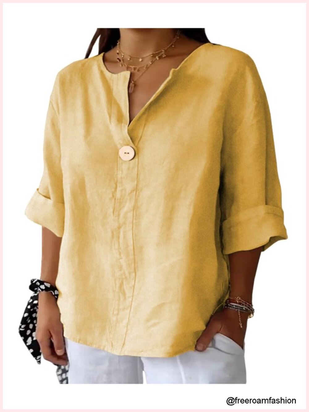 Plus Size Linen 3/4 Sleeve V-Neck Button Down Tunic Blouse Cotton Blend